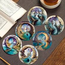 6pcs 2D Printed Mysterious Dimension Design Wooden Coasters, Suitable For Patio, Kitchen, Living Room, Home Gatherings, Dining Table Decor, Ideal Gift For Friends And Family On Holidays, Weddings, Birthdays, Parties, Home Decor Accessories - Multicolor - View 4