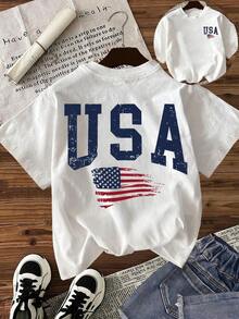 Camiseta Blanca de Manga Corta para Mujer, Estilo Casual para el Día a Día, con Estampado de la Bandera Americana y Letras para el 4 de Julio - Blanco - Ver 12