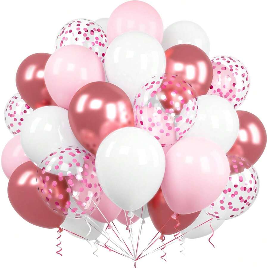 Set de 33 globos rosa y blanco, globos de látex con confeti y lámina metálica roja de 10/12 pulgadas, adecuado para niñas, cumpleaños de mujeres, baby shower, boda, aniversario, decoración de fiesta de compromiso - Colocar - Ver 1