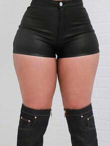 cortos casuales de unicolor recubiertos para mujer, estilo sexy de calle, otoño/invierno verano - Negro - Ver 7