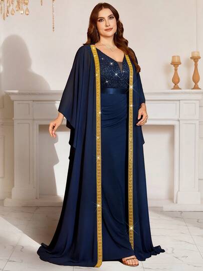 Bộ váy dạ hội cỡ lớn gồm 2 mảnh, cổ chữ V sâu, đính sequin và ren, tay áo choàng tương phản, trang trí bằng đá quý và viền vàng, chân váy đuôi cá bằng chiffon, thích hợp cho khách dự đám cưới, sinh nhật, lễ tốt nghiệp, tiệc gala và các dịp khác.