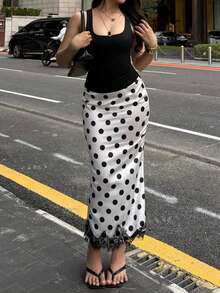 優雅浪漫圓點印花修身女款長裙，夏季性感蕾絲飾邊裙襬派對約會貼身長裙 - 黑與白 - 查看 1