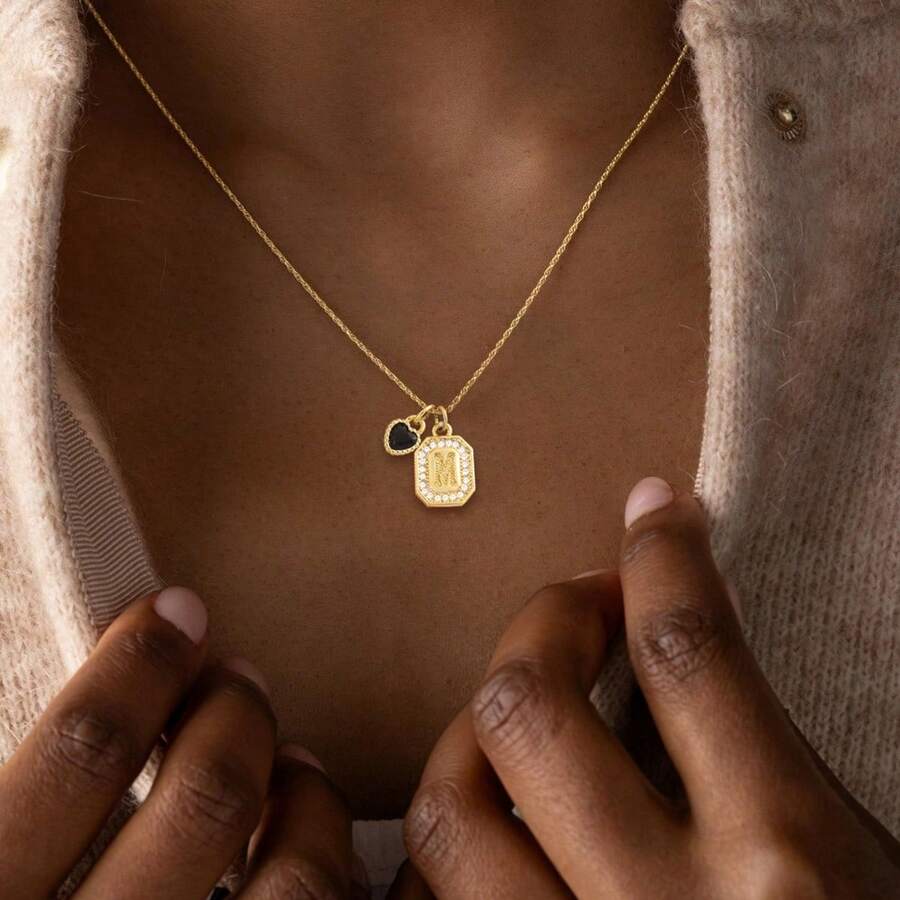 1 pieza Nuevo Collar con Colgante de Bloque Inicial con Forma de Corazón Clásico de Acero Inoxidable Dorado para Mujer - Amarillo Oro - Ver 1
