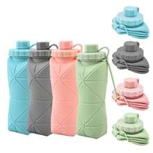1pc 600ml Silicone Folding Bottle Adult Portable Reusable Plastic Cups Outdoor Travel Gym Water Bottle Motivational Drinking Bottle - 彩色 - 查看 2