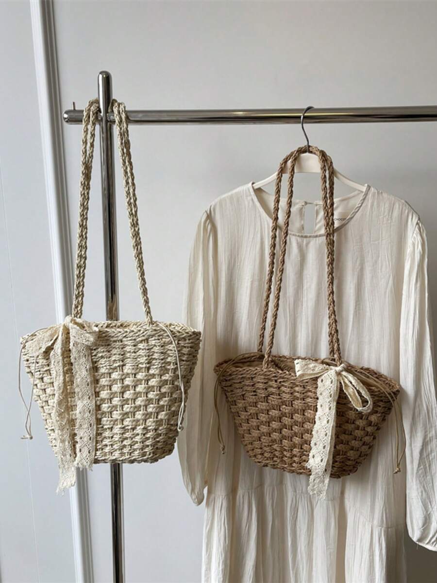 Túi cói màu be thắt nơ ren, dây rút, thích hợp cho học sinh, đi biển, chụp ảnh, phong cách đồng quê, đi làm mùa hè, dã ngoại.