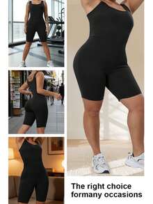 Plus Size Square Neck Jumpsuit, 4-Way Stretch High Elasticity Yoga Fitness Jumpsuit Sports - Black - View 6