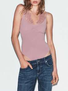 Womens Lace Bodysuit Cami Tops Sexy Adjustable Spaghetti Strap Cami Top Slimming Cute Dance Party Lounge Shapewear Romper - 粉色 - 查看 3