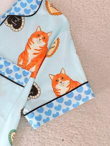 Set de 2 piezas de pijama de manga corta transpirable para verano, ropa de dormir para mujer, camiseta abotonada con cuello y pantalones cortos de cintura elástica, adecuado para todas las estaciones, estampado casual de perro y gato, diseño con ribete de contraste - Multicolor - Ver 8