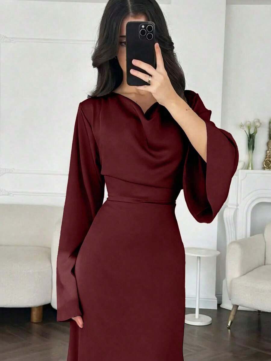 Women's Elegant Solid Navy Blue Silky Satin Cowl Neck Long Sleeve Flared Batwing Sleeve Cinched Waist Bodycon Fitted Maxi Dress, Old Money Aesthetic French Vintage Formal Evening Gown For Wedding Guest Date Night Prom Cocktail Party Office Commute Streetwear Photography Plus Size - 酒紅色 - 查看 1