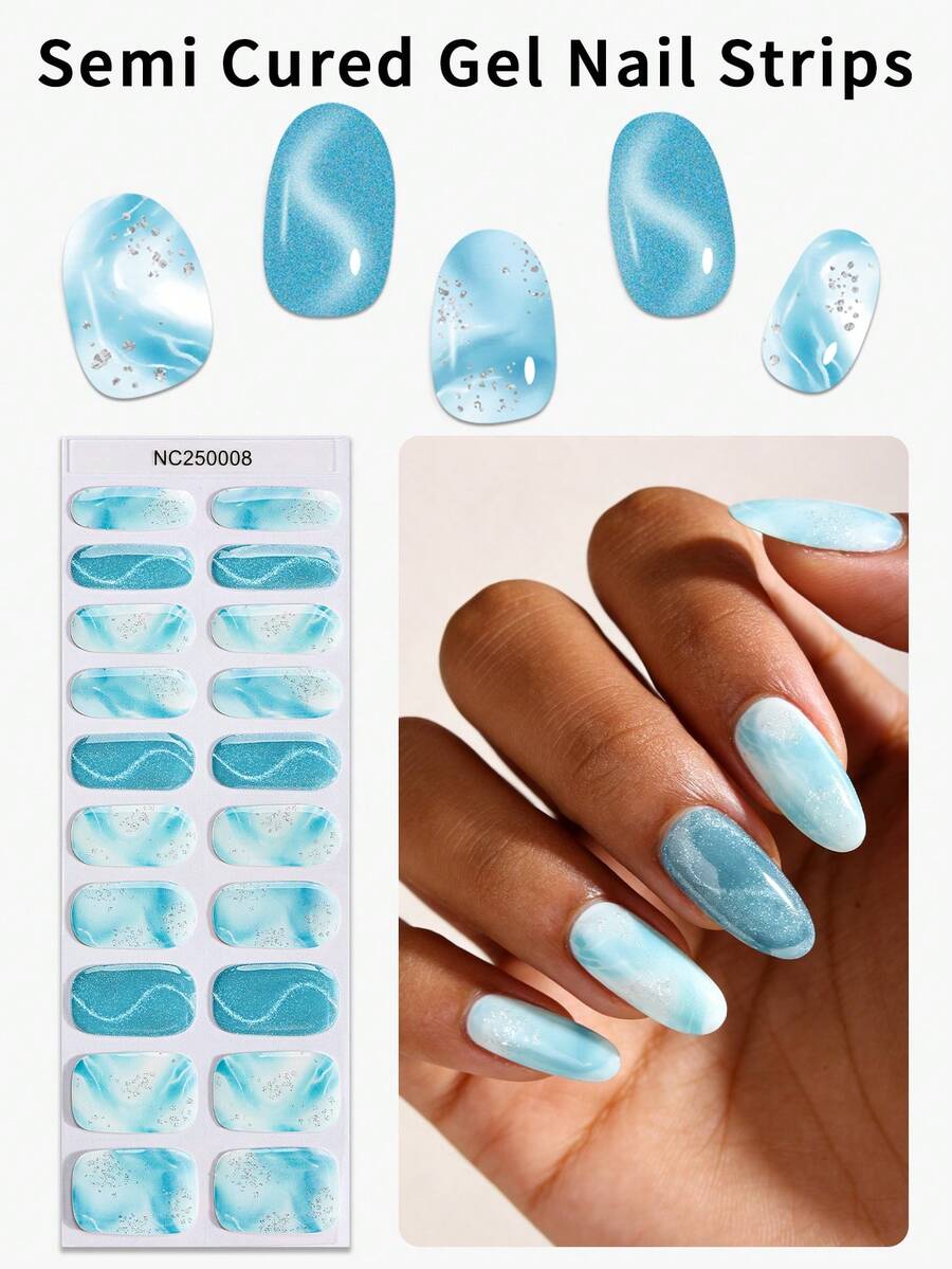20 miếng dán móng tay gel bán khô họa tiết mây xanh da trời mùa xuân/hè, ánh nhũ bạc hình mắt mèo, kiểu dáng tươi mát, tự dính, dễ làm móng, chống bong tróc, thích hợp cho nữ giới tự làm móng tại nhà.