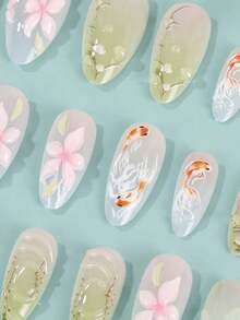 24pcs Almond-Shaped 3D Floral & Fish Design Nail Stickers, Green Natural Style, Artistic Garden Nail Decals, Fit Medium-Long Nails, Set Includes: 1pc Jelly Gel & 1pc Nail File. Suitable For Women & Girls Daily Wear, Parties, Vacations & Other Occasions. - 綠色 - 查看 6