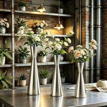 Elegant Small Silver Metal Vase, Pointed Bottom Anti-Fall Design, Wedding Table Centerpiece, Candlelight Dinner & Home Decor, Perfect Gift For Women And Best Friends (Cannot Hold Liquids) - Cylindrical - View 5