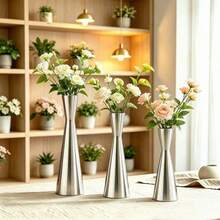 Elegant Small Silver Metal Vase, Pointed Bottom Anti-Fall Design, Wedding Table Centerpiece, Candlelight Dinner & Home Decor, Perfect Gift For Women And Best Friends (Cannot Hold Liquids) - Cylindrical - View 6