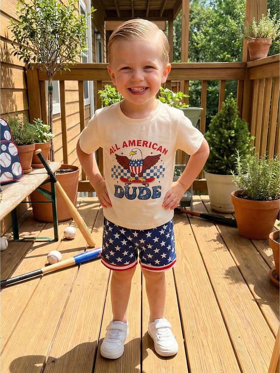 Baby Boy 4th Of July Outfit Toddler Boy Fourth Of July Clothes Memorial Usa American Flag Shirt Shorts Set - Màu be - Xem 1