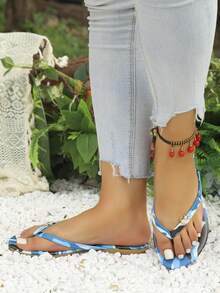 Moon & Star Camouflage Pattern PU Leather Studded Flat Sandals, Beach Summer - Camouflage Blue - View 8