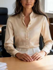 女士优雅白色缎面长袖衬衫，百搭纯色上衣，适合通勤穿着，经典领型，亲肤柔软顺滑的缎面面料，不透光，可机洗干洗，适合办公室、休闲和正式场合，春夏秋季皆宜。 - 杏色 - 查看 7