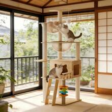 多機能 キャットタワー 木製 据え置き 猫タワー 透明ボウルベッド付き 爪とぎ 隠れ家 スクラッチポスト 多頭飼い 省スペース インテリア おしゃれ - 木の色 - チェックする 4