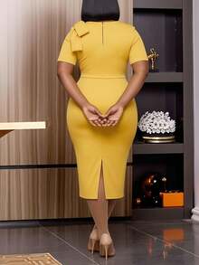 Elegant Midi Dress With Exaggerated Bow Accent, Short Sleeves, Round Neck, Waist Cinching, Pencil Skirt, High Slit, Flattering Silhouette, Comfortable Wear, Suitable For Workplace, Daily, Weddings, Parties, Office, Spring/Summer/Autumn - Yellow - View 6
