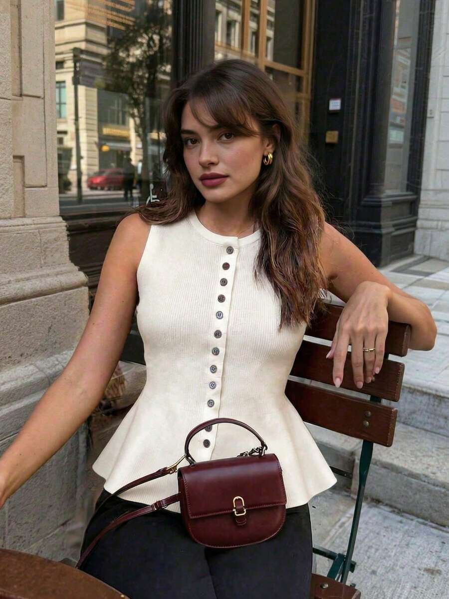 Women's Y2K Vintage White Ruffle Sleeveless Knit Top, Slim Waist Round Neck Ribbed Top, Elegant For Daily Work & Commute Spring Summer