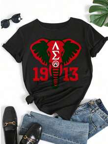 Vintage-Inspired Women's Short-Sleeved Crew Neck T-Shirt, Cotton Blend, Regular Fit, With ΔΣ Elephant Print 1913, Comfortable, Breathable, Soft, Street-Style & Campus Summer Top - 黑色 - 查看 5