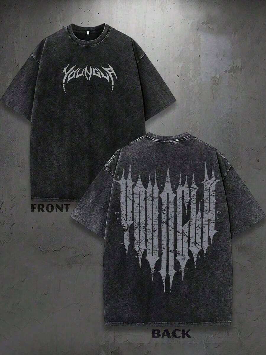 1PC Y2K Vintage Washed T-Shirt | Men's YLA Graphic Tee | Gym Graphic Tee | Gifts For Men Or Boyfriend | 100% Cotton | 230Gsm Thickened Fabric | Unisex100% Cotton - 黑色 - 查看 1