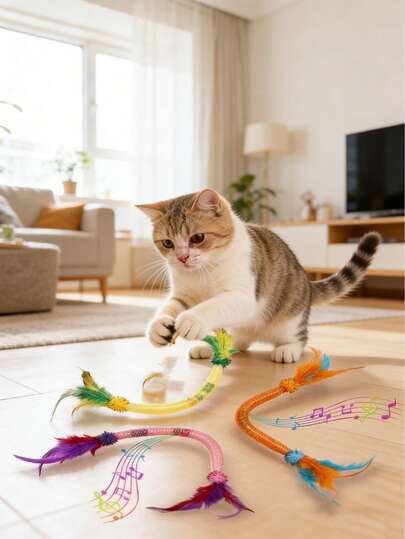 1/2pcs Cat Feather Teaser Toys With Bell, Colorful Elastic Mesh Interactive Chew Toys For Indoor Cats, Bite-Resistant Self-Play Toys To Relieve Boredom