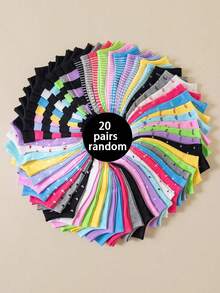 20 Pairs Random Solid Color Vertical Stripe Moisture-Wicking Soft Versatile Women Ankle Socks - Multicolor - View 12