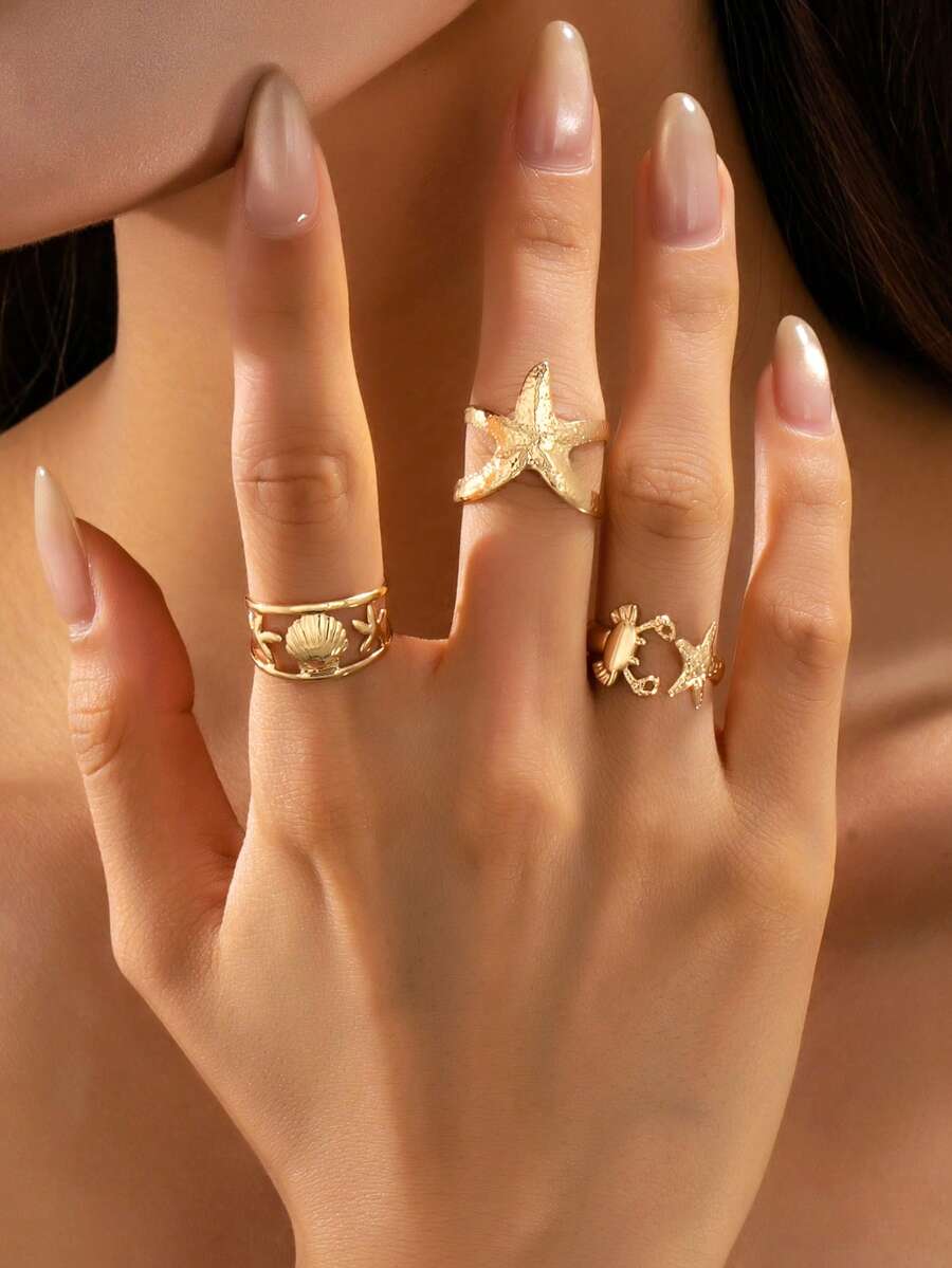3 Pcs Ocean Beach Starfish Rings Set For Women, Hammered Metal Sealife Ring Stackable, Vacation Style Beachy Jewelry - Gold - View 1