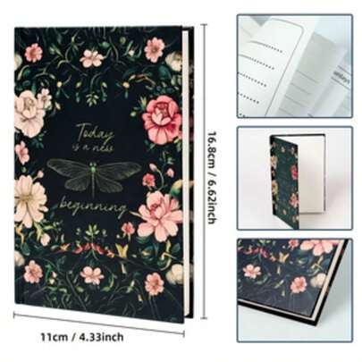 1 cuốn sổ tay bìa cứng họa tiết hoa và chuồn chuồn cổ điển, giấy kẻ dòng phẳng, bìa mờ không tráng phủ, sổ nhật ký công sở di động.