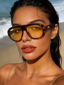 1 pieza Gafas de moda con marco circular estilo bohemio, para mujeres, regalo para playa, viaje y fiesta, bisagras de metal a juego para uso diario - Rodajas amarillas de flor de grano de té - Ver 6