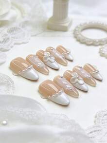 10pcs Handmade Wearable Nails, French Soft Apricot Camellia Pearl False Nails, Handmade Medium Almond Nails, Commute & Date Whitening Removable Press-On Nail Stickers - Multicolor - View 4