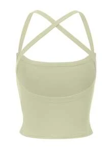 ARA CHIC Light Sage Green Ribbed Cami Top, Cross Back Large Scoop Neck Fitted Y2K Cropped Tank, Suitable For Autumn Streetwear, Vacation, Casual Daily Wear - Mint Green - View 7