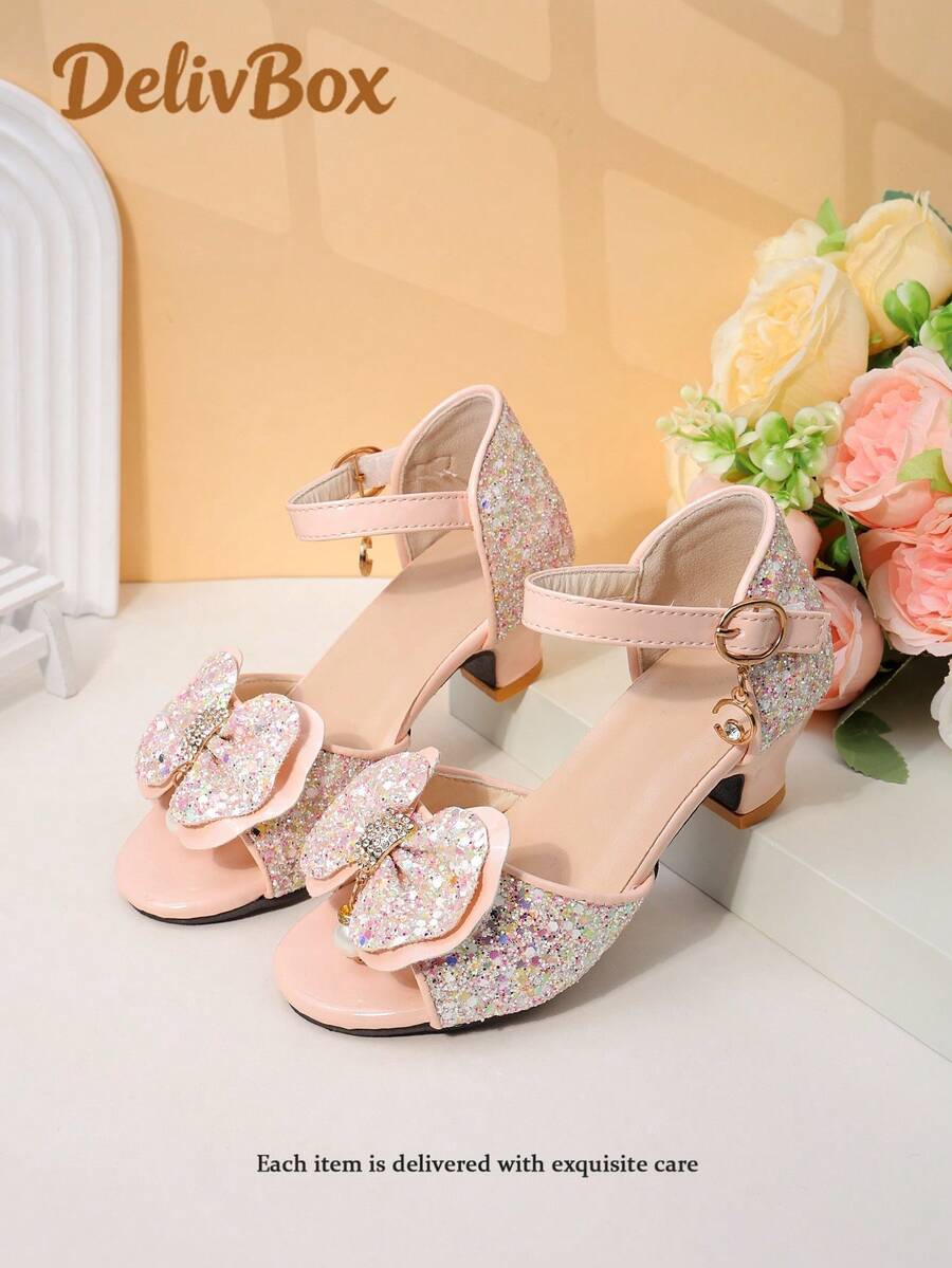 1 Pair Girls' Pink Dreamy Diamond Bow Sandals, Open Toe Low Heel, Comfortable Sparkly, Princess Style, Summer Party Shoes - Pink - View 1
