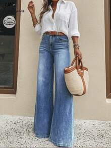 Light Blue Washed Flare Wide Leg Jeans, Relaxed Fit Suitable For Daily Commute - Medium Wash - View 4