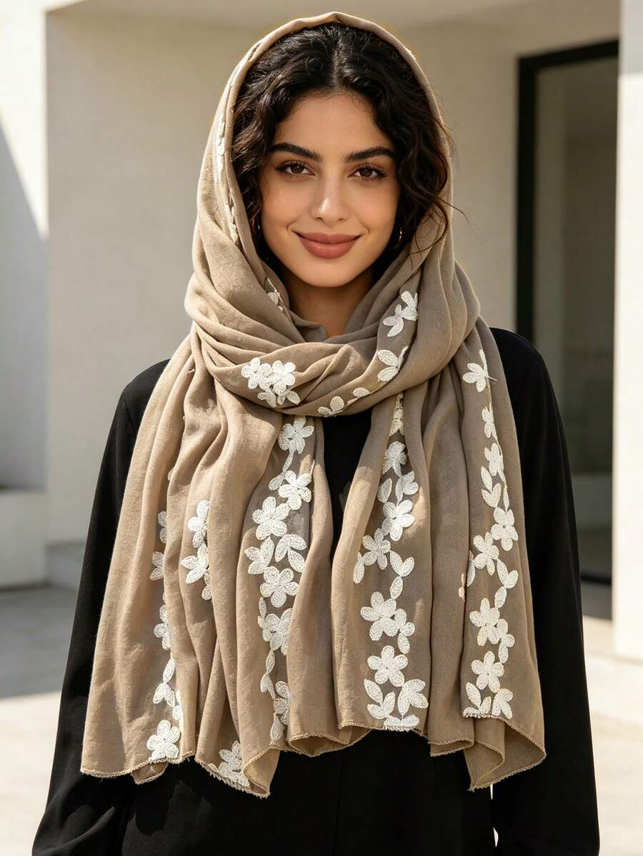 1PC Women's Fashion Spring Autumn Casual Embroidered Floral Simple Shawl Scarf Headscarf Suitable For Daily Use,Beach,Holiday - Khaki - View 1