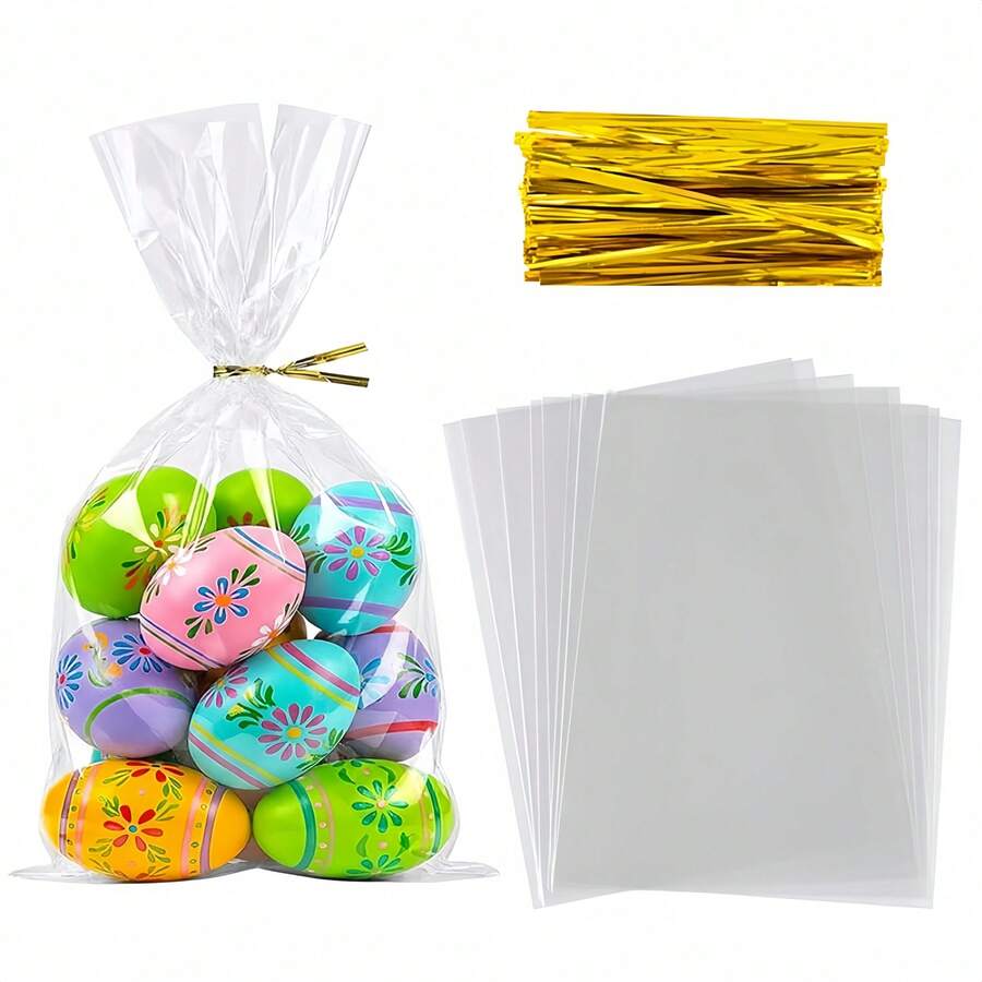 30/60pcs Transparent Plastic Bags With Gold Ribbon, Clear Plastic Gift Bags Suitable For Gift Packaging, Party, Birthday Party - View 1