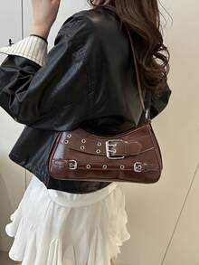 复古摩托车风格腋下包，时尚个性INS单肩包，简约通勤斜挎包 - 咖啡 - 查看 6