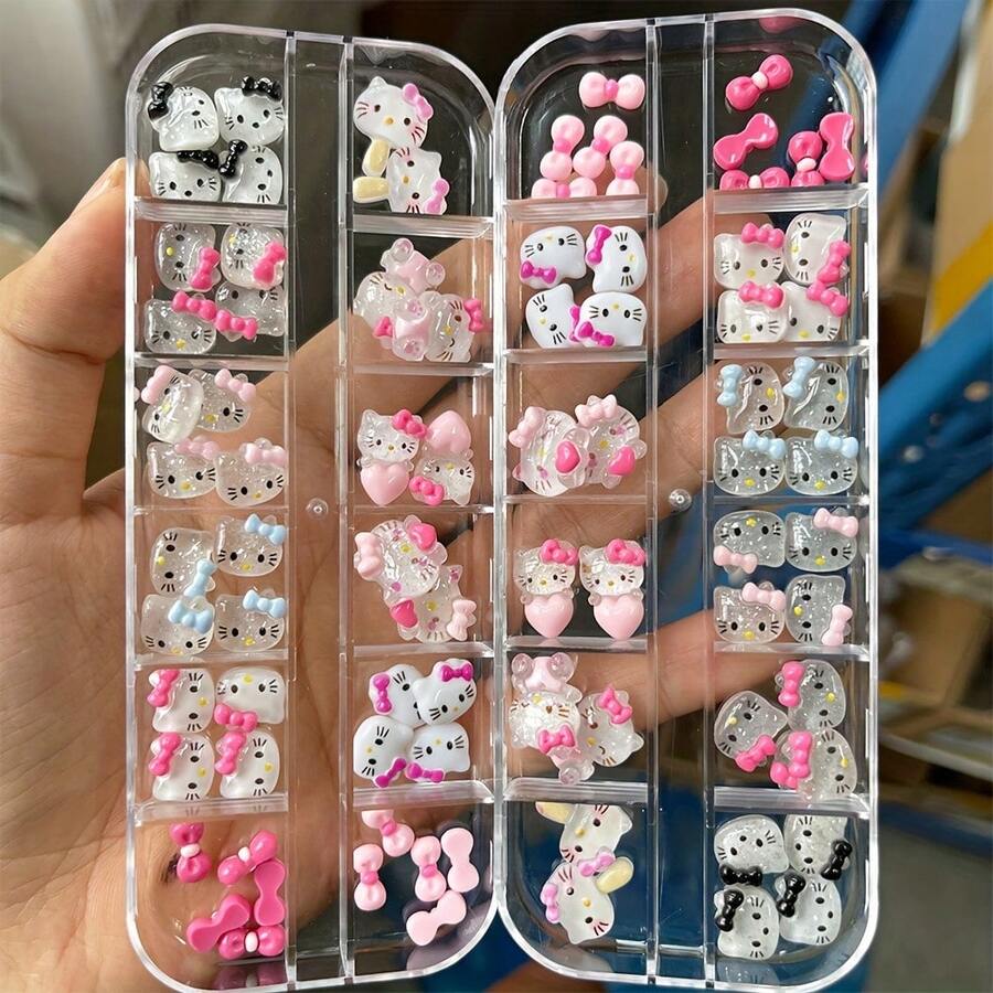 12Grids Sanrio Hello Kitty Charms For Jewelry Making, Cute Sparkle Pink Bow Jewelry Making Supplies,3D Kawaii Cat Bowknot Jewelry DIY Decoration - Charms - View 1