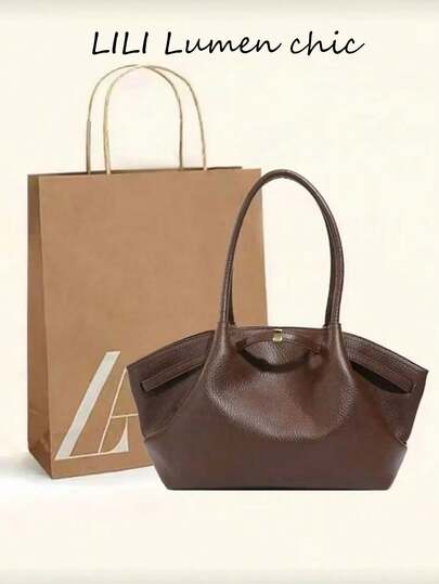 Elegant Coffee PU Leather Tote Bag, Litchi Texture Capacity Shoulder Bag With Gold Buckle, Minimalist Design All-Match Style, For Office Ladies, Working Women, Daily Errands & Casual Outings