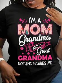 Camiseta de talla grande, casual, de manga corta y cuello redondo, tela de elasticidad media, lavable a máquina, ajuste cómodo para todas las estaciones, con estampado único - Negro - Ver 7