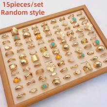 Bộ 15 chiếc nhẫn kim loại hình trái tim hình giọt nước nhiều lớp hình học không đối xứng có họa tiết lỏng, phong cách tối giản, thiết kế cổ điển thanh lịch, thích hợp cho ngày lễ, tiệc tùng, hẹn hò, làm quà tặng, đeo hàng ngày - Bộ nhẫn đá màu - Xem 7