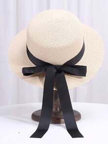 法式长蝴蝶结遮阳帽，宽檐夏季沙滩帽，休闲涤纶蝴蝶结防风防紫外线帽，春夏款 - 帽子 - 查看 9