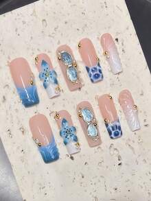 10pcs Handmade Long Pointed French Manicure Nail Stickers Press On Nails - Blue - View 7