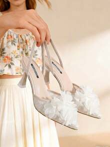 New Arrival Women's Fashionable Summer Elegant Pointed Toe Lace Slingback High Heel Sandals, Beige - Beige - View 2