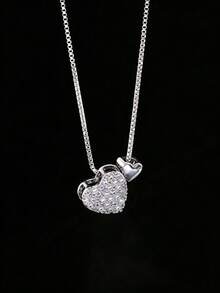 1pc New Fashionable Minimalist Versatile Heart-Shaped Rhinestone Copper Pendant Necklace, Suitable For Women's Daily Wear, Valentine's Day Gift - Silver 2 - View 1