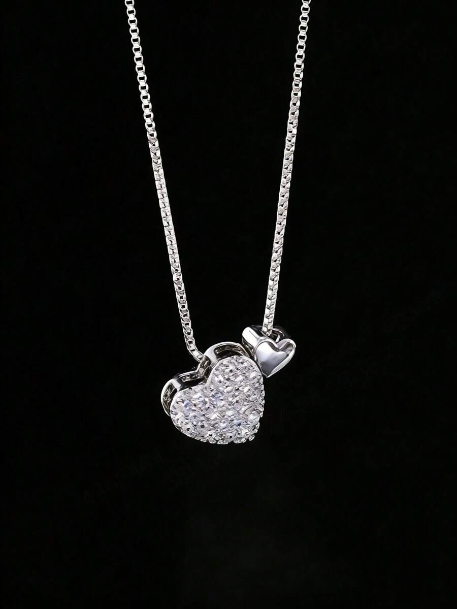 1pc New Fashionable Minimalist Versatile Heart-Shaped Rhinestone Copper Pendant Necklace, Suitable For Women's Daily Wear, Valentine's Day Gift - Silver 2 - View 1