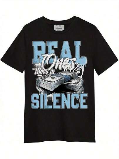 Camiseta Gráfica Negra Unisex Dunkare - Diseño 'REAL Ones Move In Silence', Camiseta de Cuello Redondo de Algodón Suave y Transpirable, Camiseta Ligera de Estilo Urbano para Hombres y Mujeres - Inspirada en las Zapatillas Legend Blue 11s - Uso Casual Diario, Moda Urbana, Diseño Atrevido, Ajuste Cómodo, Camiseta de Manga Corta, Para Entusiastas de las Zapatillas