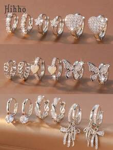 Hihho 6pcs/Set Luxury Cubic Zirconia Earring Set, Featuring Butterfly, Rhinestone Bow, Geometric Patchwork Designs, Minimalist Silhouette With Sparkling Details, Versatile For Commute, Work, And Light Social Occasions - Silver - View 10