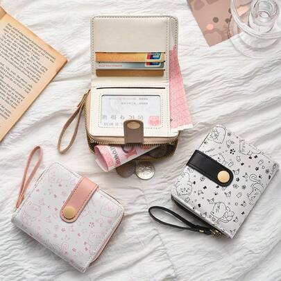 Minimalist Cute Cat Design Women's Snap Closure Coin Pouch, Multifunctional Short Wallet Card Holder With Handle