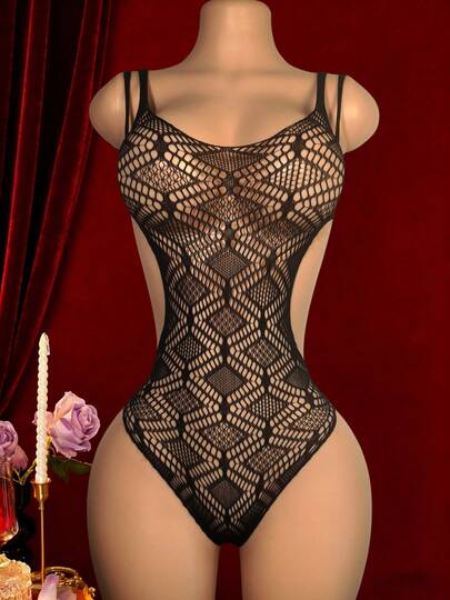 1 bộ jumpsuit dài tay gợi cảm, chất liệu lưới, khoét lưng, nội y